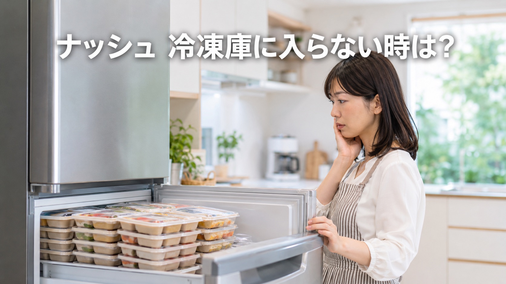 冷凍庫に冷凍弁当が入りきらず困っている女性