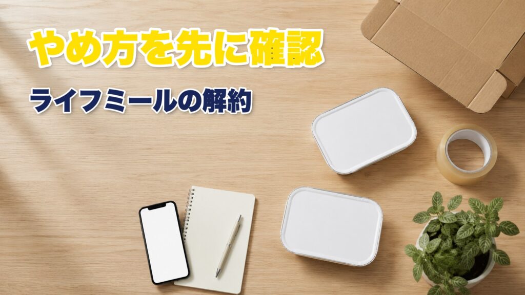 ライフミールの解約手続きに使う書類と冷凍弁当が並んだ机