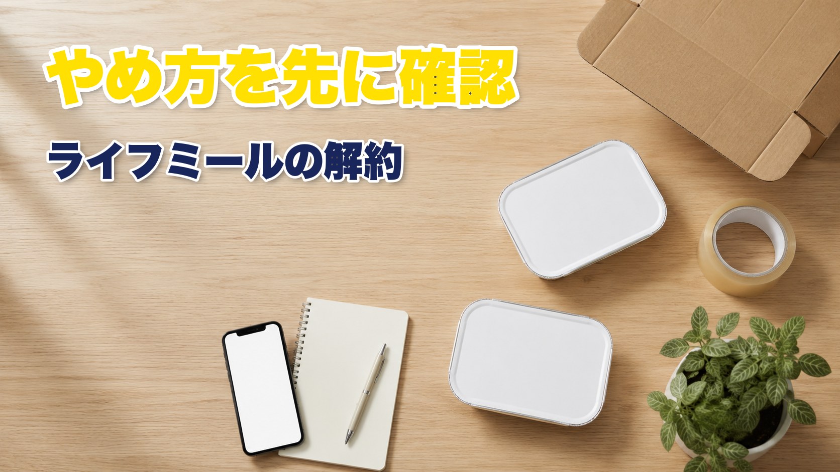 ライフミールの解約手続きに使う書類と冷凍弁当が並んだ机