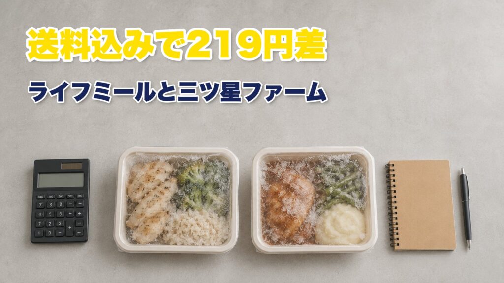 ライフミールと三ツ星ファームの冷凍弁当を並べて料金を比較している様子