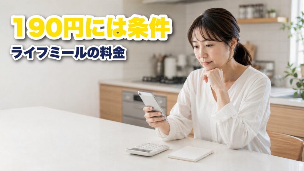 キッチンで電卓を見ながらライフミールの料金を計算する女性
