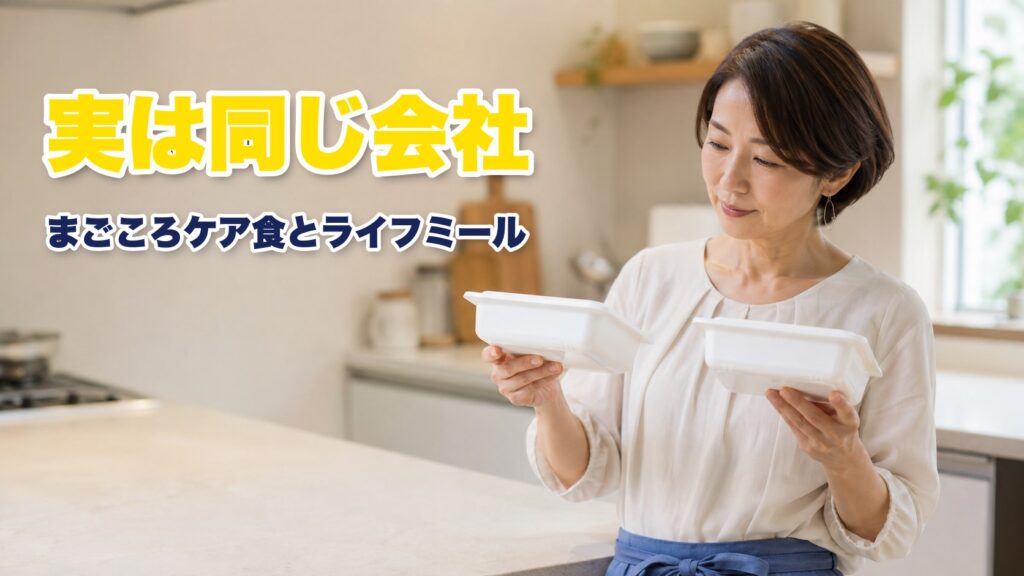まごころケア食とライフミールの冷凍弁当を見比べる女性