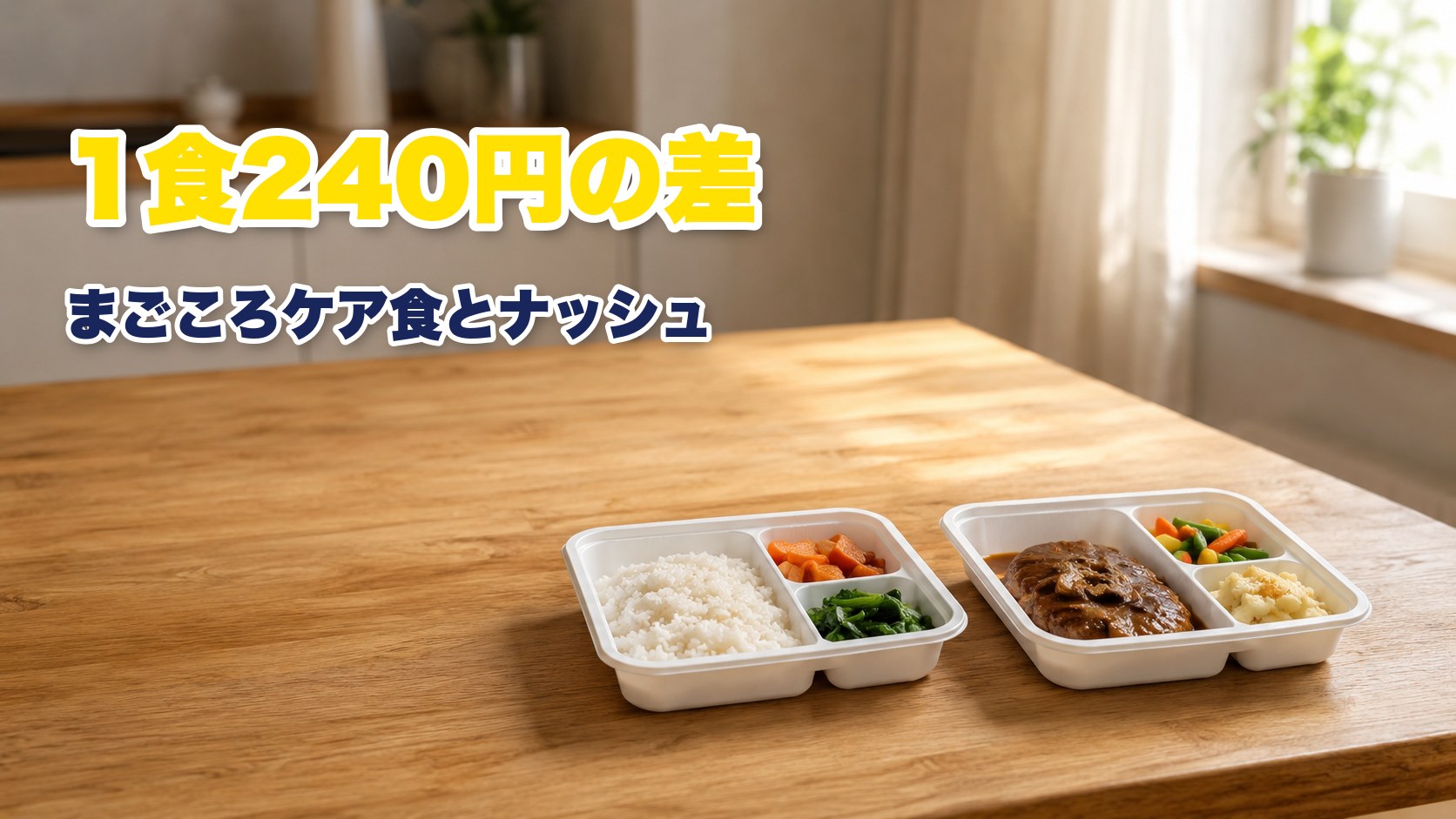 まごころケア食とナッシュの冷凍宅配弁当を並べて比較した様子