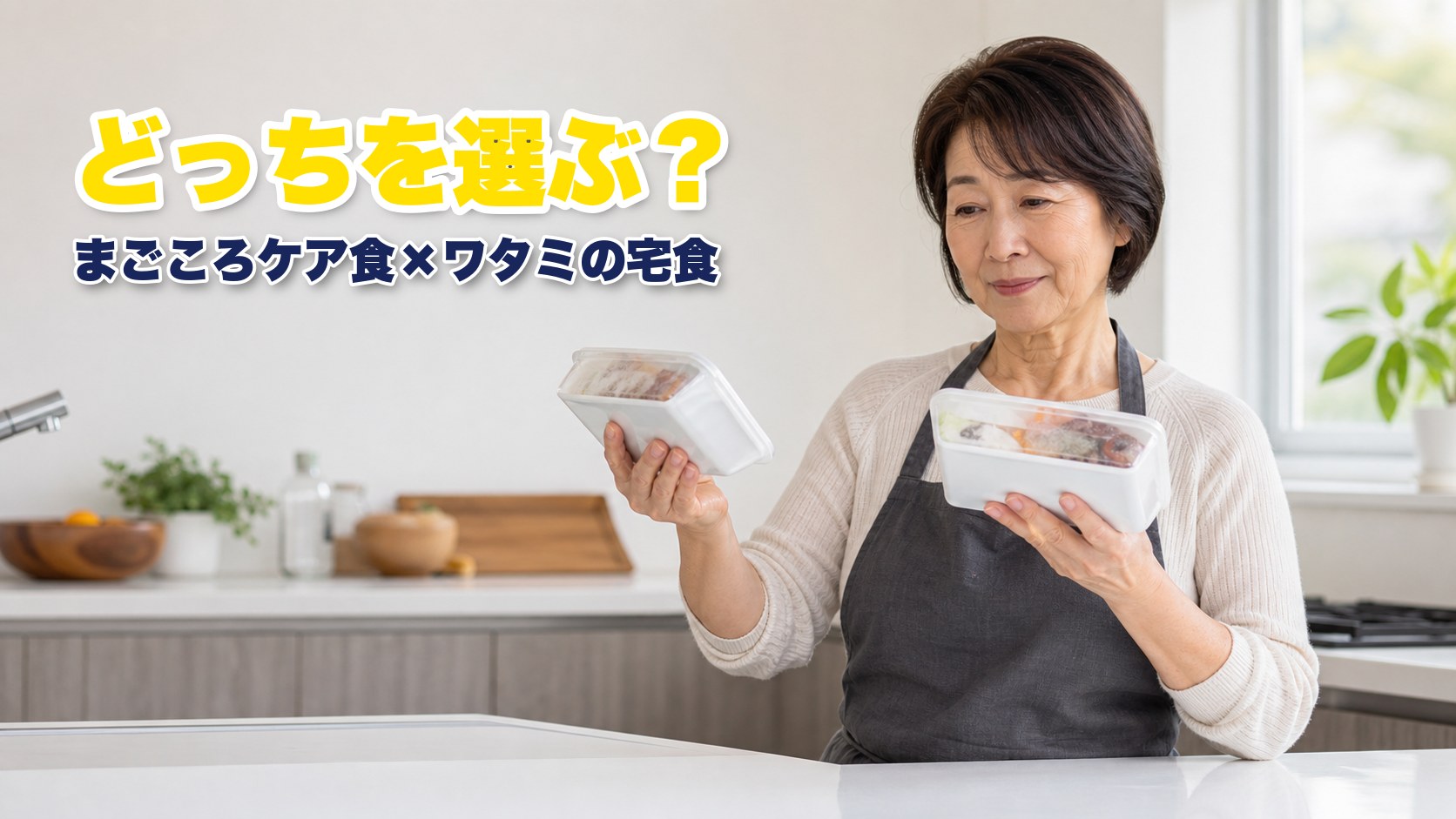 まごころケア食とワタミの宅食の冷凍弁当を比較する女性